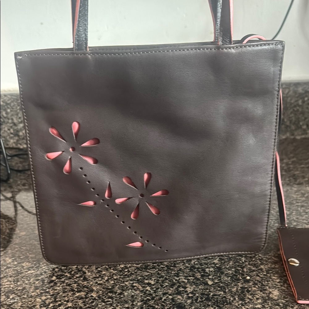 JCrew Brown and Pink Floral Cutout Tote Bag